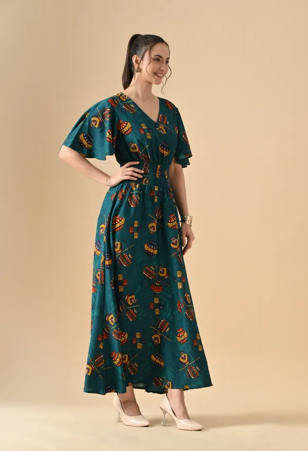 Teal_Green_Printed_Smocked_Waist_Maxi_Dress_For_Women