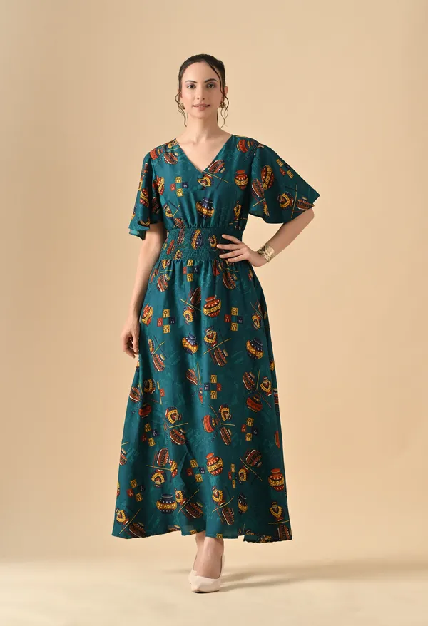 Teal_Green_Printed_Smocked_Waist_Maxi_Dress_For_Women
