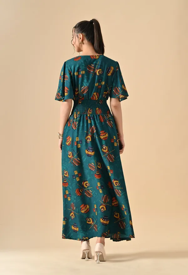 Teal_Green_Printed_Smocked_Waist_Maxi_Dress_For_Women