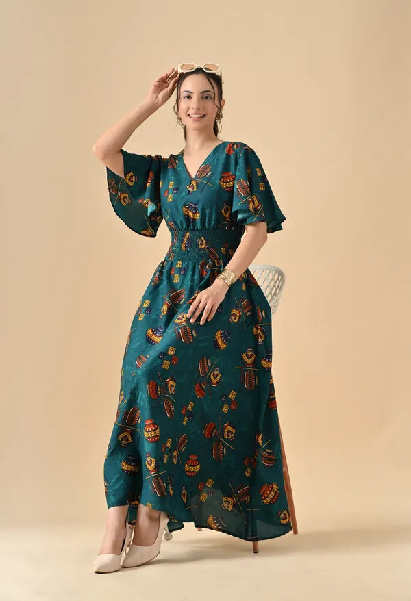 Teal_Green_Printed_Smocked_Waist_Maxi_Dress_For_Women