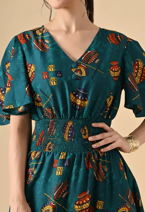 Teal_Green_Printed_Smocked_Waist_Maxi_Dress_For_Women