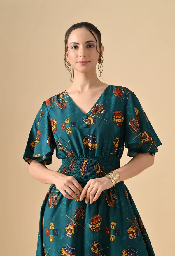 Teal_Green_Printed_Smocked_Waist_Maxi_Dress_For_Women
