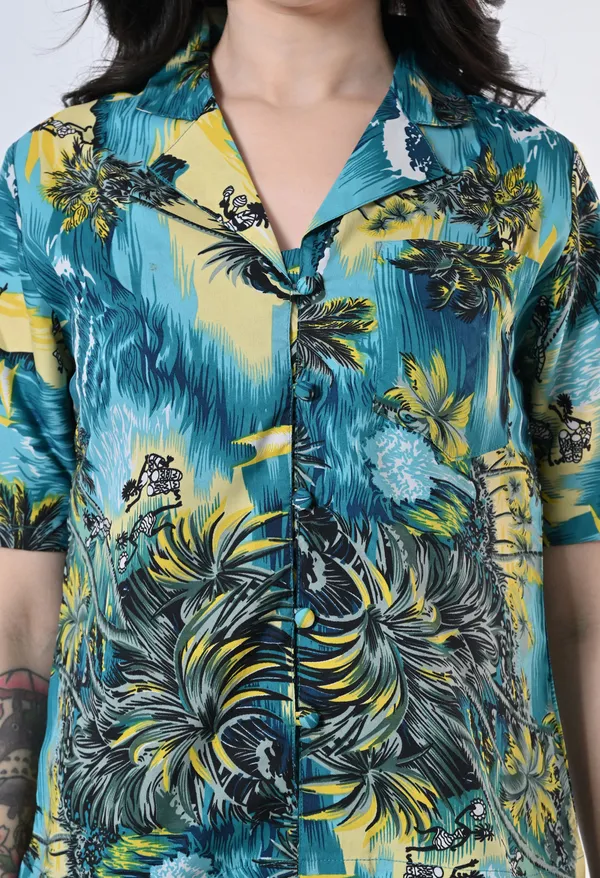Green_Tropical_Print_Button_Down_Shirt_For_Women