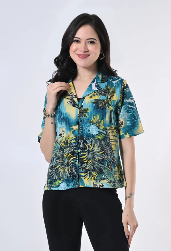 Green_Tropical_Print_Button_Down_Shirt_For_Women