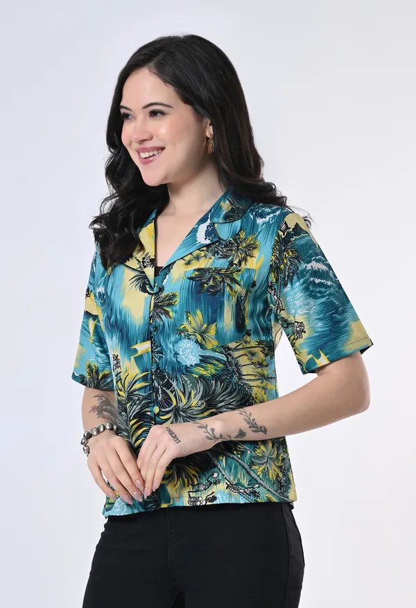 Green_Tropical_Print_Button_Down_Shirt_For_Women