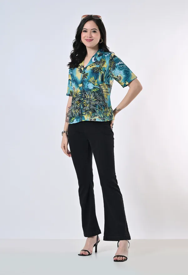 Green_Tropical_Print_Button_Down_Shirt_For_Women