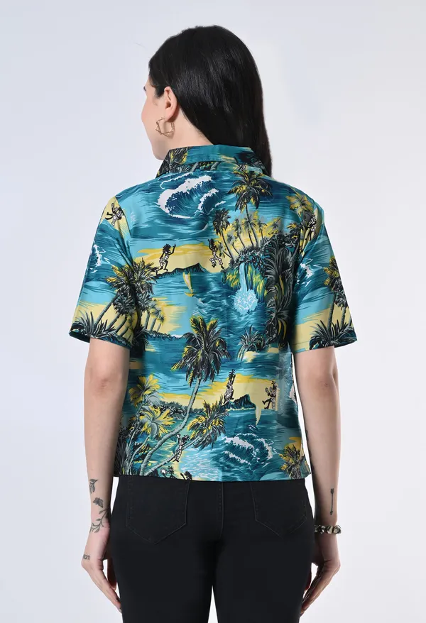 Green_Tropical_Print_Button_Down_Shirt_For_Women