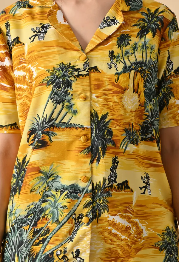 Yellow_Tropical_Print_Shirt_Straight_Pants_Co_Ord_Set_For_Women