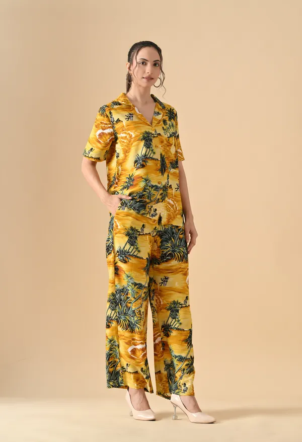 Yellow_Tropical_Print_Shirt_Straight_Pants_Co_Ord_Set_For_Women