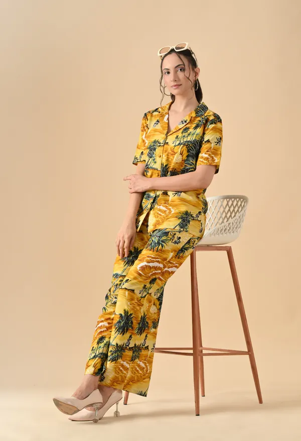 Yellow_Tropical_Print_Shirt_Straight_Pants_Co_Ord_Set_For_Women