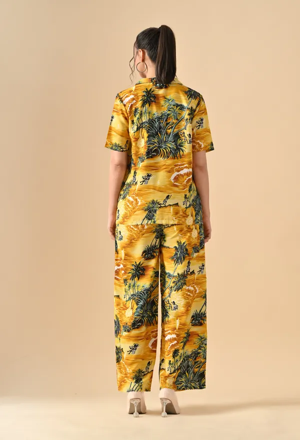 Yellow_Tropical_Print_Shirt_Straight_Pants_Co_Ord_Set_For_Women