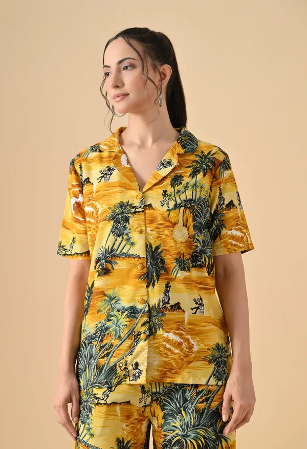 Yellow_Tropical_Print_Shirt_Straight_Pants_Co_Ord_Set_For_Women
