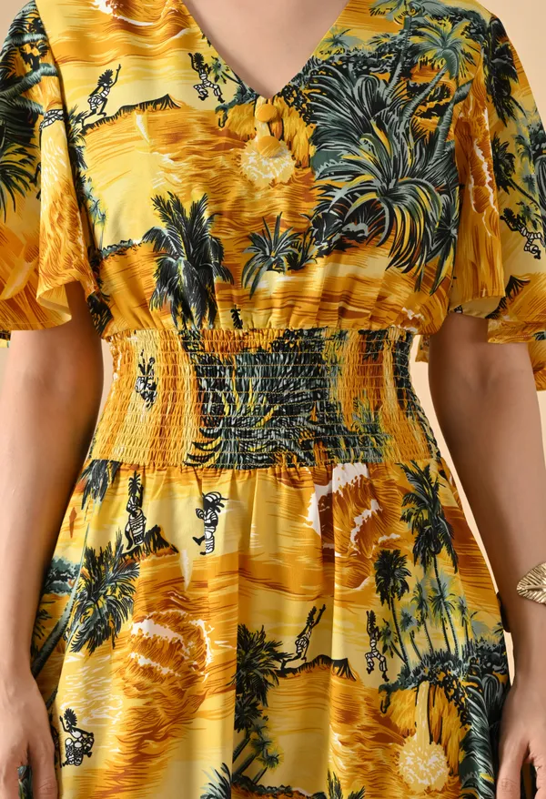 Golden_Yellow_Palm_Smocked_Waist_Maxi_Dress_For_Women