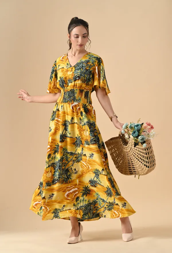 Golden_Yellow_Palm_Smocked_Waist_Maxi_Dress_For_Women