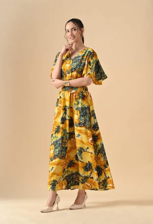 Golden_Yellow_Palm_Smocked_Waist_Maxi_Dress_For_Women