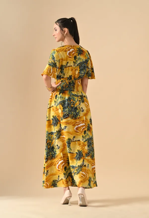 Golden_Yellow_Palm_Smocked_Waist_Maxi_Dress_For_Women