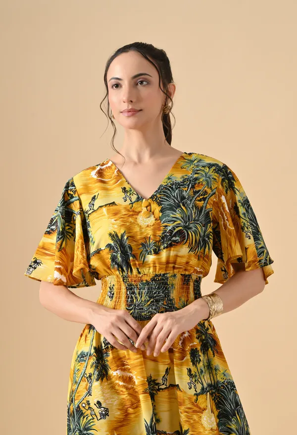 Golden_Yellow_Palm_Smocked_Waist_Maxi_Dress_For_Women