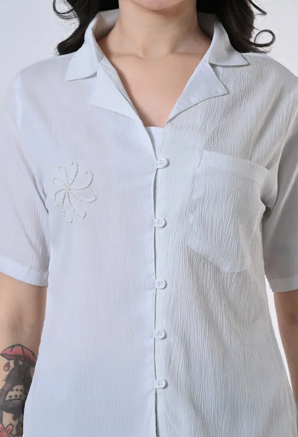 White_Textured_Short_Sleeve_Button_Down_Shirt_For_Women