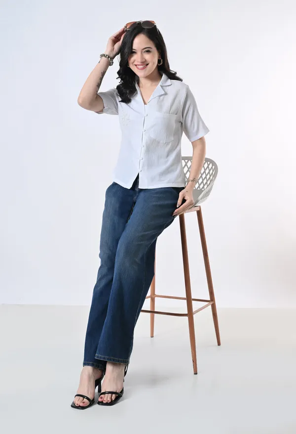 White_Textured_Short_Sleeve_Button_Down_Shirt_For_Women