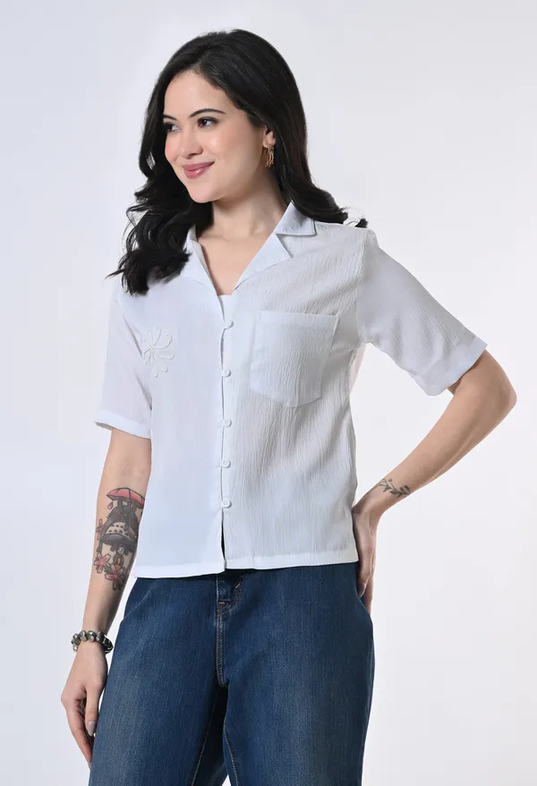 White_Textured_Short_Sleeve_Button_Down_Shirt_For_Women
