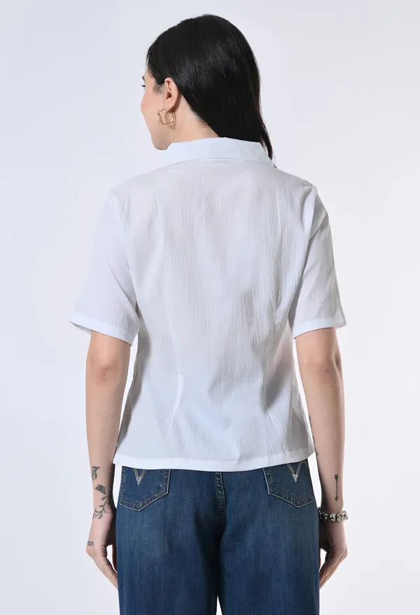 White_Textured_Short_Sleeve_Button_Down_Shirt_For_Women