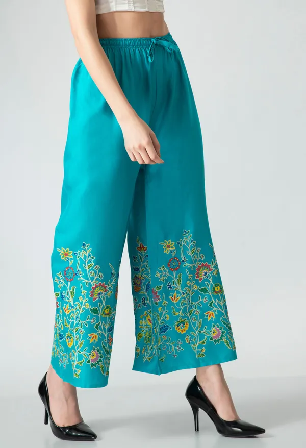 Turquoise_Blue_Turquoise_Floral_Border_Print_Palazzo_Pants_For_Women