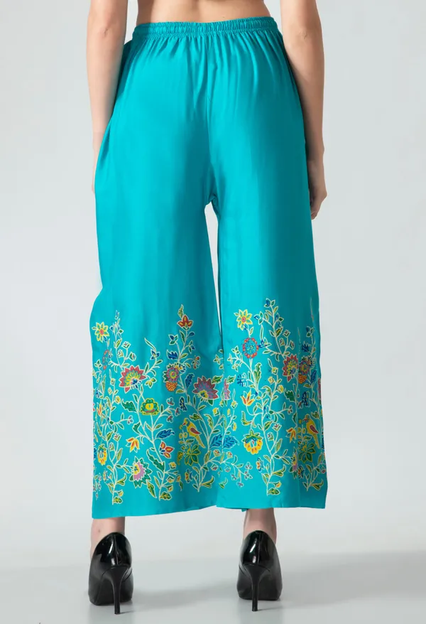 Turquoise_Blue_Turquoise_Floral_Border_Print_Palazzo_Pants_For_Women
