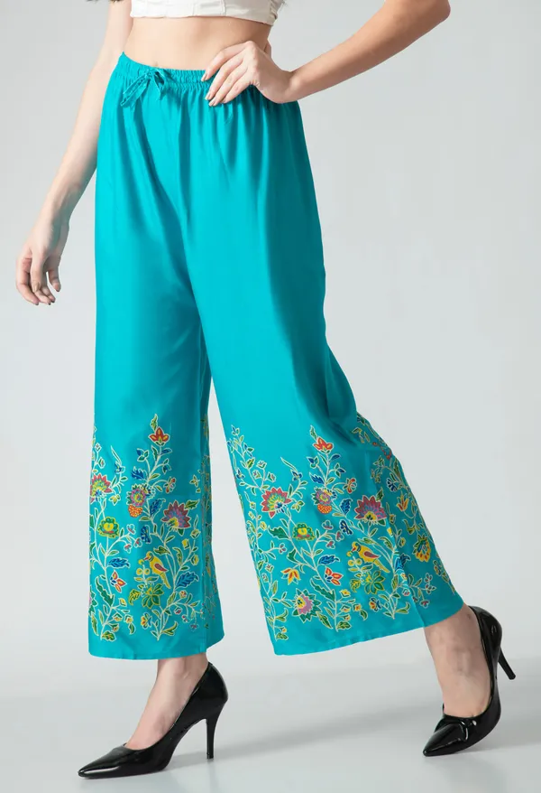 Turquoise_Blue_Turquoise_Floral_Border_Print_Palazzo_Pants_For_Women