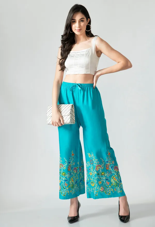 Turquoise_Blue_Turquoise_Floral_Border_Print_Palazzo_Pants_For_Women
