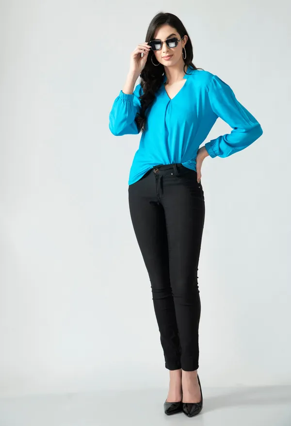 Turquoise_Blue_V_Neck_Long_Sleeve_Top_For_Women