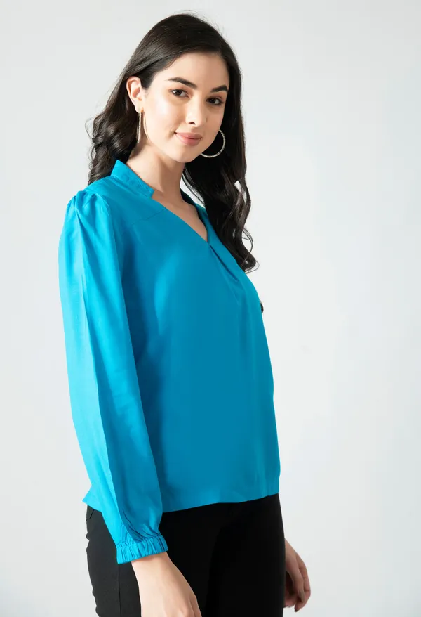 Turquoise_Blue_V_Neck_Long_Sleeve_Top_For_Women