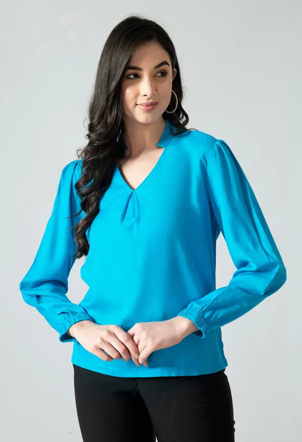 Turquoise_Blue_V_Neck_Long_Sleeve_Top_For_Women