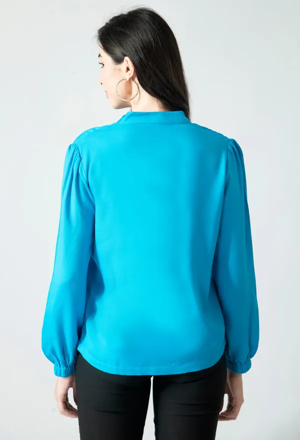 Turquoise_Blue_V_Neck_Long_Sleeve_Top_For_Women