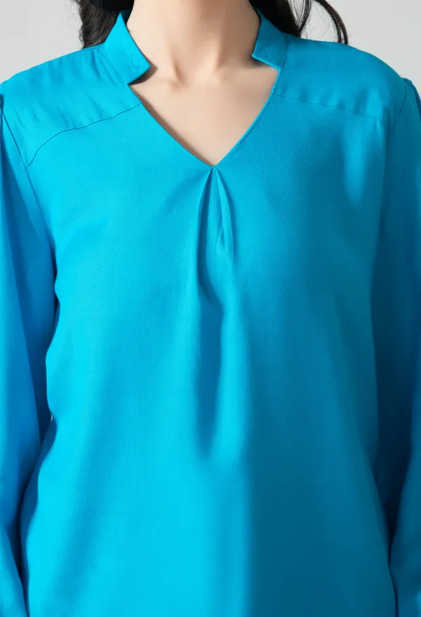 Turquoise_Blue_V_Neck_Long_Sleeve_Top_For_Women