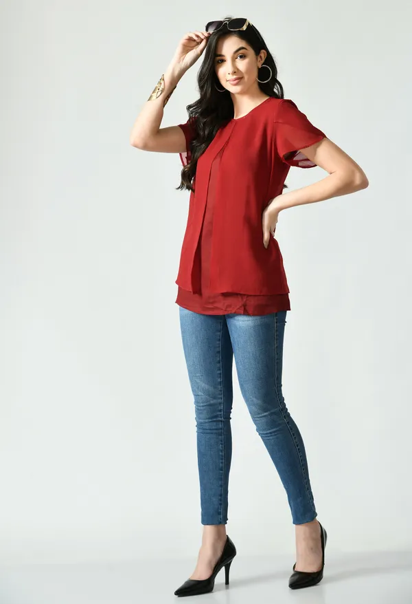 Red_Layered_Short_Sleeve_Top_For_Women