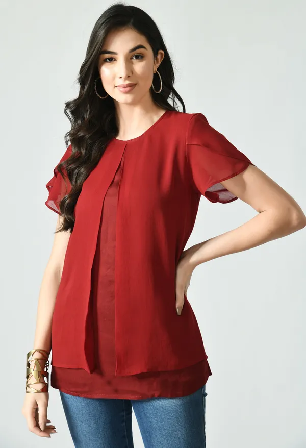 Red_Layered_Short_Sleeve_Top_For_Women