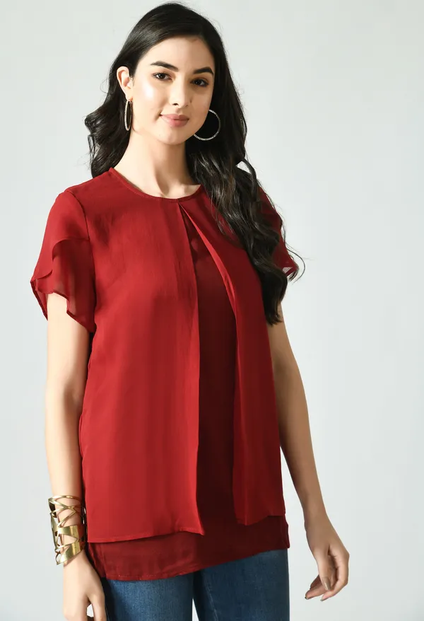 Red_Layered_Short_Sleeve_Top_For_Women