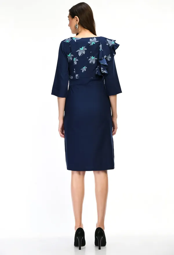 Navy_Blue_Elegant_Printed_Ruffle_Sleeve_Dress_For_Women