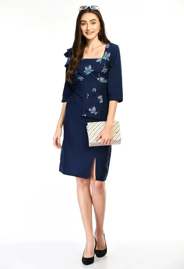 Navy_Blue_Elegant_Printed_Ruffle_Sleeve_Dress_For_Women