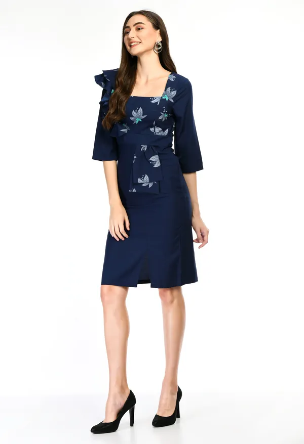 Navy_Blue_Elegant_Printed_Ruffle_Sleeve_Dress_For_Women