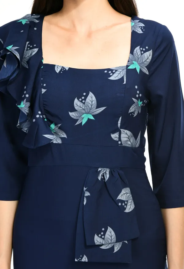 Navy_Blue_Elegant_Printed_Ruffle_Sleeve_Dress_For_Women