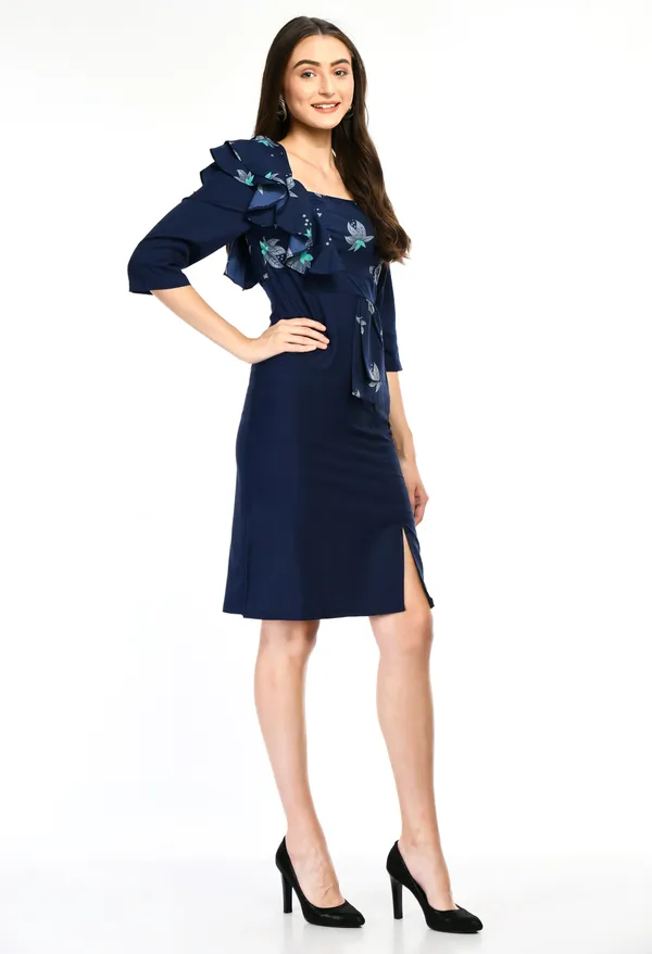 Navy_Blue_Elegant_Printed_Ruffle_Sleeve_Dress_For_Women