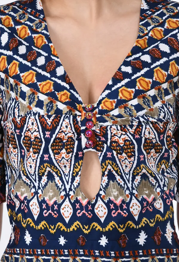 Brown_And_Blue_Ethnic_Inspired_Printed_Fit_Flare_Maxi_Dress_For_Women