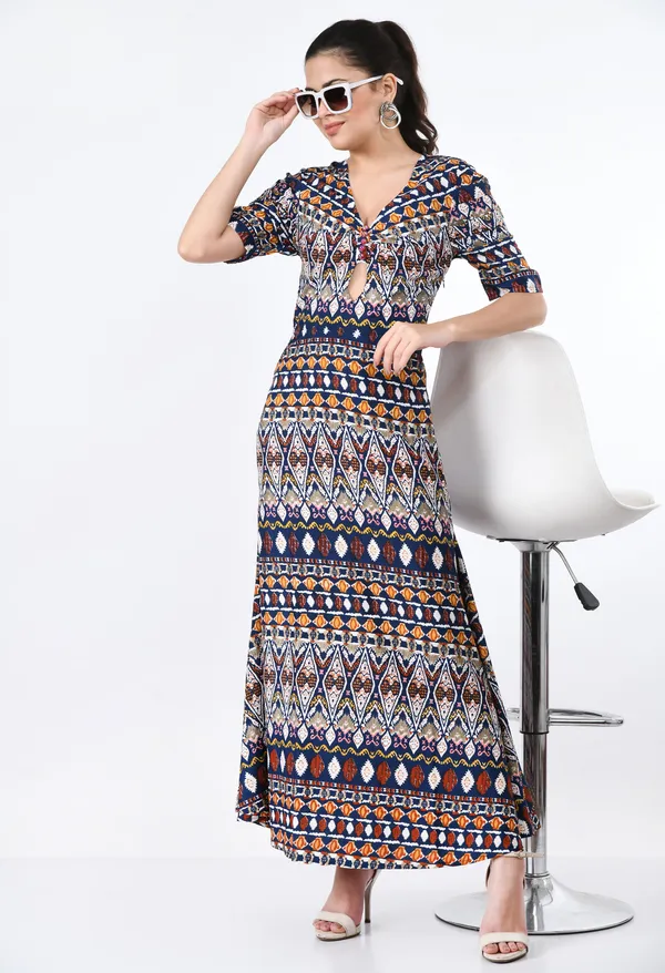 Brown_And_Blue_Ethnic_Inspired_Printed_Fit_Flare_Maxi_Dress_For_Women