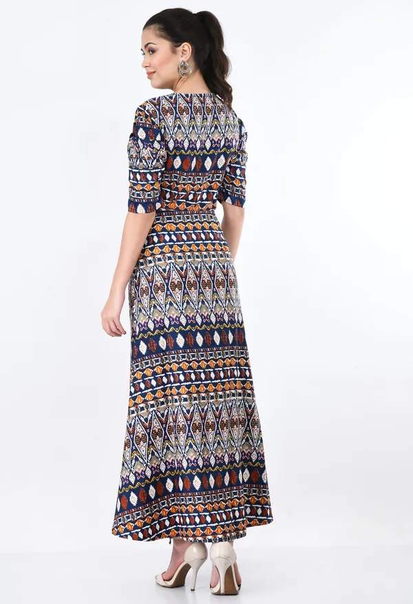 Brown_And_Blue_Ethnic_Inspired_Printed_Fit_Flare_Maxi_Dress_For_Women