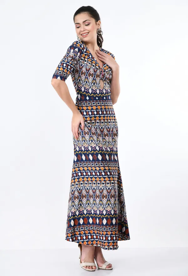 Brown_And_Blue_Ethnic_Inspired_Printed_Fit_Flare_Maxi_Dress_For_Women