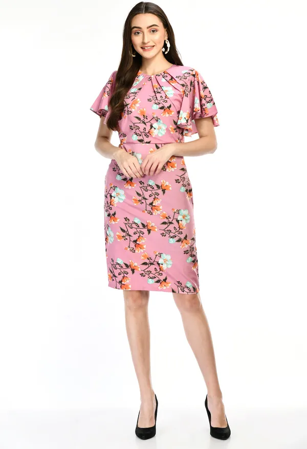 Pink_Elegant_Floral_Sheath_Dress_For_Women