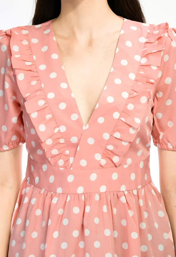 Peach_Peach_Polka_Dot_Ruffle_V_Neck_Midi_Dress_For_Women