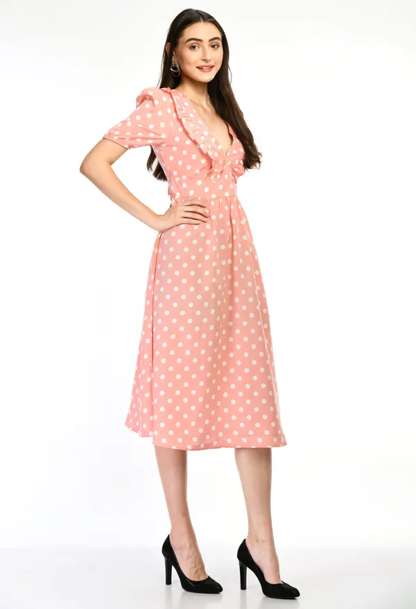 Peach_Peach_Polka_Dot_Ruffle_V_Neck_Midi_Dress_For_Women