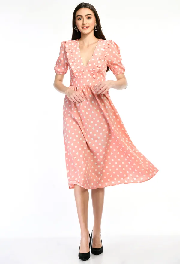 Peach_Peach_Polka_Dot_Ruffle_V_Neck_Midi_Dress_For_Women